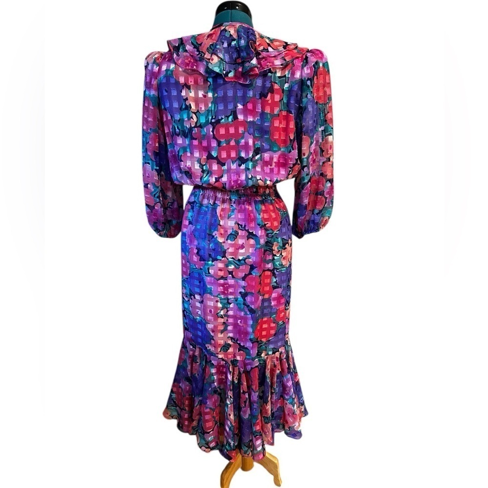 VINTAGE 80's Susan Tudor Pink Floral Midi Dress Pleated Cottagecore Ruffle S - Picture 4 of 14
